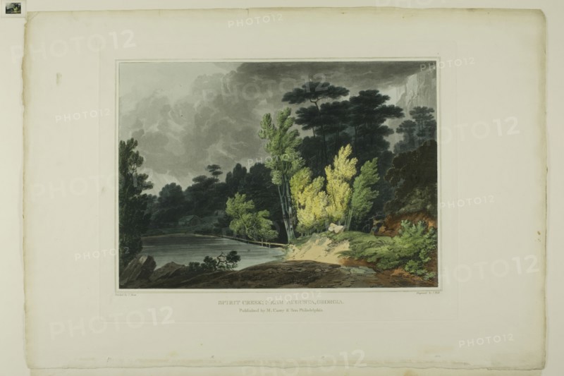 Spirit Creek, Near Augusta, Georgia, plate two of the second number of Picturesque Views of American Scenery, 1819/21, John Hill (American, 1770-1850), after Joshua Shaw (American, born England, c. 1777-1860), published by Matthew Carey & Son (American, active 1795-1821), United States, Aquatint with etching and hand-coloring on cream wove paper, 253 x 354 mm (image), 302 x 387 mm (plate), 390 x 569 mm (sheet)