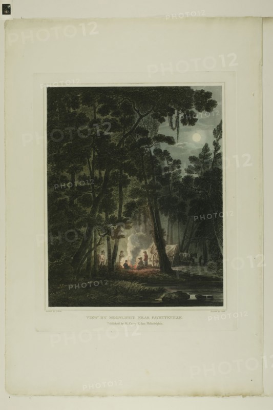 View By Moonlight, Near Fayetteville, plate three of the second number of Picturesque Views of American Scenery, 1819/21, John Hill (American, 1770-1850), after Joshua Shaw (American, born England, c. 1777-1860), published by Matthew Carey & Son (American, active 1795-1821), United States, Aquatint with etching and hand-coloring on cream wove paper, 339 x 271 mm (image), 385 x 302 mm (plate), 563 x 385 mm (sheet)