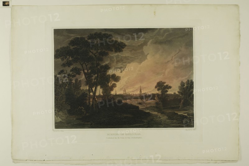 Burning of Savannah, plate four of the second number of Picturesque Views of American Scenery, 1819/21, John Hill (American, 1770-1850), after Joshua Shaw (American, born England, c. 1777-1860), published by Matthew Carey & Son (American, active 1795-1821), United States, Aquatint with etching and hand-coloring on cream wove paper, 253 x 350 mm (image), 301 x 384 mm (plate), 381 x 562 mm (sheet)