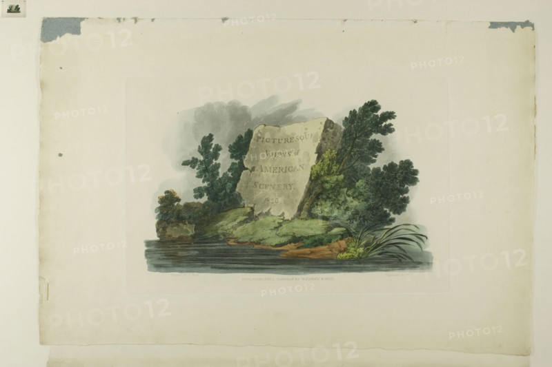 Title Page, Vignette, and plate one of the first number of Picturesque Views of American Scenery, 1819/21, John Hill (American, 1770-1850), after Joshua Shaw (American, born England, c. 1777-1860), published by Matthew Carey & Son (American, active 1795-1821), United States, Aquatint with stipple and hand-coloring on cream wove paper, 246 x 366 mm (plate), 380 x 564 mm (sheet)