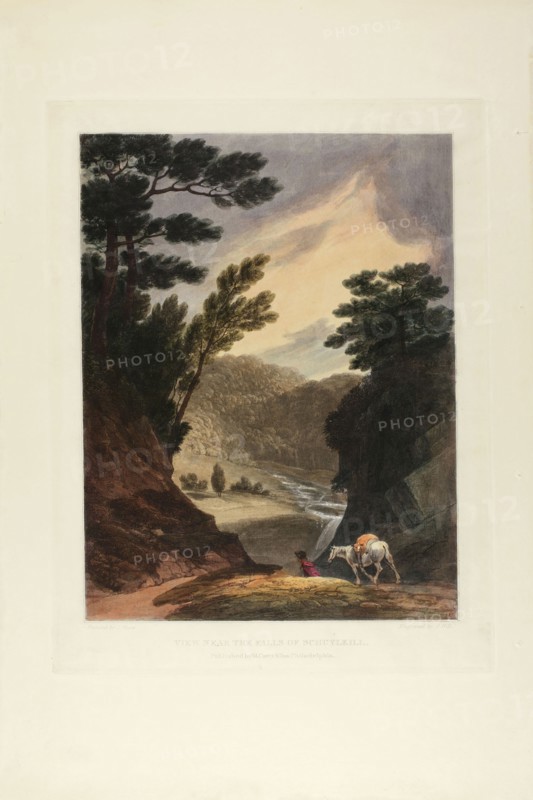 View Near the Schuylkill Falls, Pennsylvania, plate five of the first number of Picturesque Views of American Scenery, 1819/21, John Hill (American, 1770-1850), after Joshua Shaw (American, born England, c. 1777-1860), published by Matthew Carey & Son (American, active 1795-1821), United States, Aquatint with etching and hand-coloring on cream wove paper, 333 x 255 mm (image), 390 x 301 mm (plate), 560 x 374 mm (sheet)