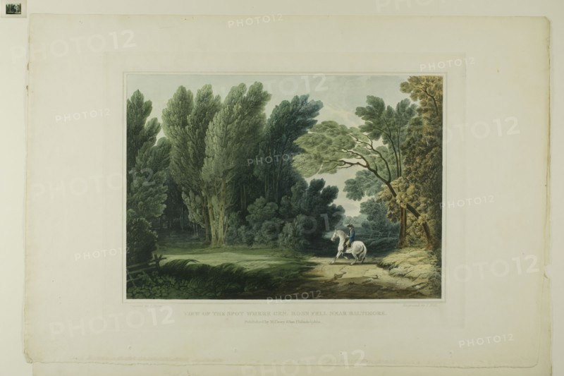 View of the Spot Where General Ross Fell, Near Baltimore, plate six of the first number of Picturesque Views of American Scenery, 1819/21, John Hill (American, 1770-1850), after Joshua Shaw (American, born England, c. 1777-1860), published by Matthew Carey & Son (American, active 1795-1821), United States, Aquatint with etching and hand-coloring on cream wove paper, 250 x 351 mm (image), 301 x 392 mm (plate), 380 x 566 mm (sheet)