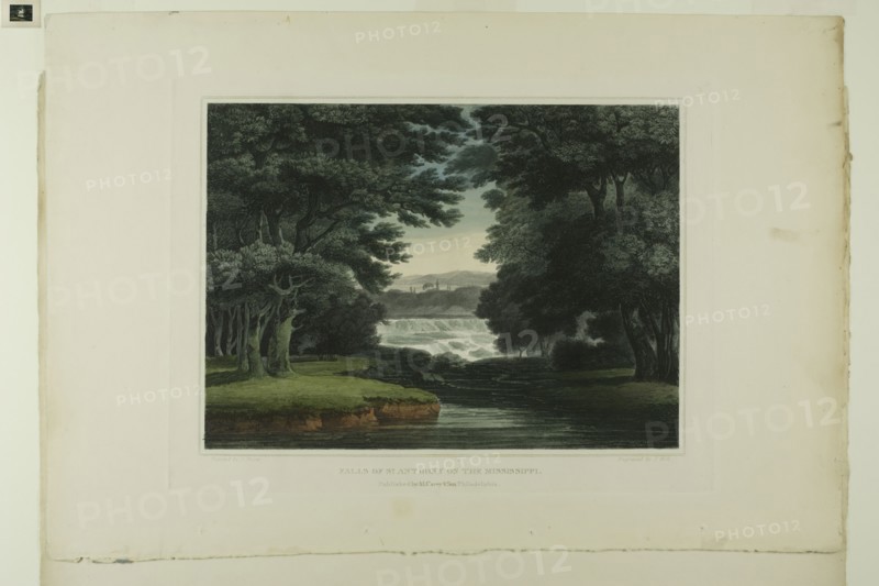 Falls of St. Anthony on the Mississippi, plate seven of the first number of Picturesque Views of American Scenery, 1819/21, John Hill (American, 1770-1850), after Joshua Shaw (American, born England, c. 1777-1860), after a drawing by Captain Joshua Rowley Watson, R.N. (English, 1772-1818), published by Matthew Carey & Son (American, active 1795-1821), United States, Aquatint with etching and hand-coloring on cream wove paper, 249 x 337.5 mm (image), 286 x 376 mm (plate), 382 x 557 mm (sheet)
