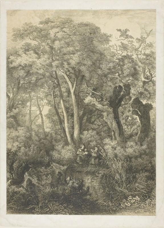 Fishing Family at the Edge of a Stream, 1860, Charles-André Malardot, French, 1817-1879, France, Etching, over fawn lithotint, with roulette, on ivory wove paper, 357 × 260 mm (image), 392 × 285 mm (sheet, cut within platemark)