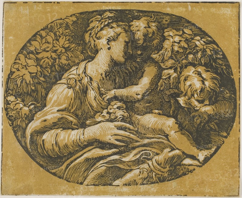 The Virgin, Christ Child, and Saint John, 1540/50, Antonio da Trento, Italian, 1510-1550, After Parmigianino, Italian, 1503-1540, Italy, Chiaroscuro woodcut printed in black and ochre from two blocks, on paper, 192 x 235 mm