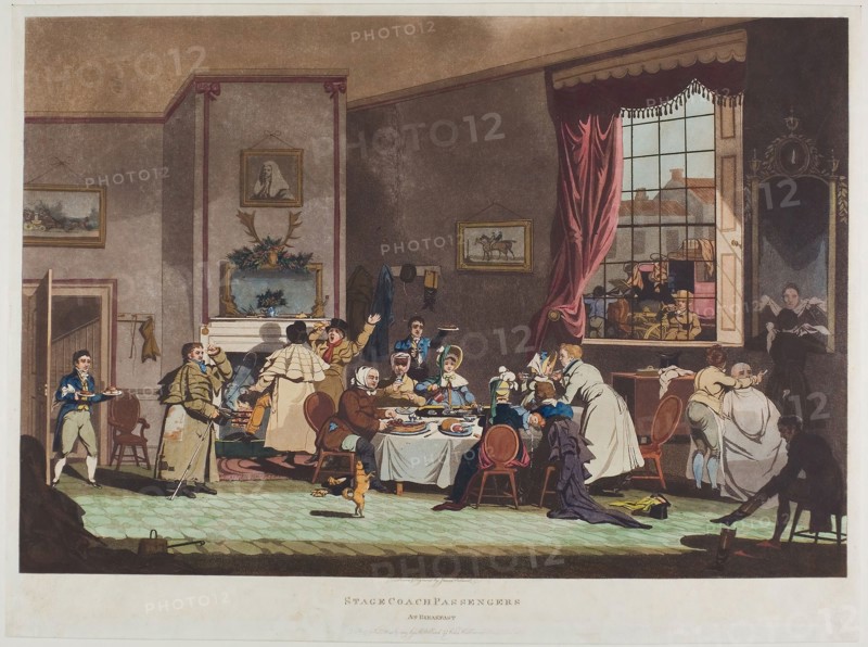 Stage Coach Passengers, n.d., James Pollard, English, 1797-1867, England, Aquatint in black, with hand-coloring, on paper