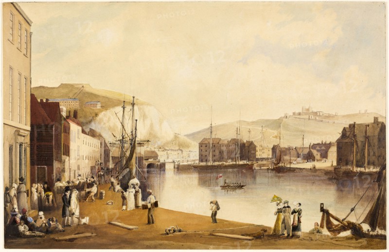 Dover Harbor, c. 1820, John Gendall, English, 1790-1865, England, Watercolor and gouache, with pen and brown and black ink, over graphite, heightened with gum arabic, on cream laid paper, laid down on ivory card, 323 × 499 mm