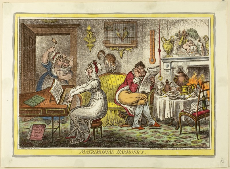 Matrimonial-Harmonics, published October 25, 1805, James Gillray (English, 1756-1815), published by Hannah Humphrey (English, c. 1745-1818), England, Hand-colored etching on paper, 253 × 360 mm (image), 260 × 365 mm (plate), 303 × 403 mm (sheet)