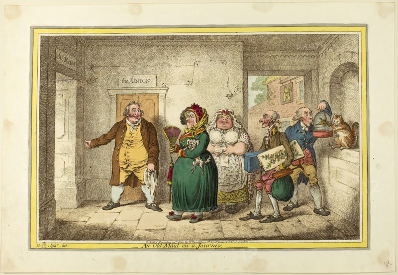 An Old Maid on a Journey, published November 20, 1804, James Gillray (English, 1756-1815), after Brownlow North (English, 1778-1829), published by Hannah Humphrey (English, c. 1745-1818), England, Hand-colored etching on paper, 245 × 373 mm (image), 251 × 380 mm (plate), 300 × 435 mm (sheet)
