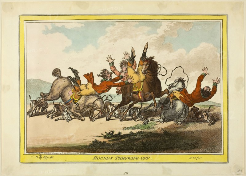 Hounds Throwing Off, published April 8, 1800, James Gillray (English, 1756-1815), after Brownlow North (English, 1778-1829), England, Hand-colored etching on paper, 247 × 347 mm (image), 250 × 350 mm (plate), 290 × 405 mm (sheet)