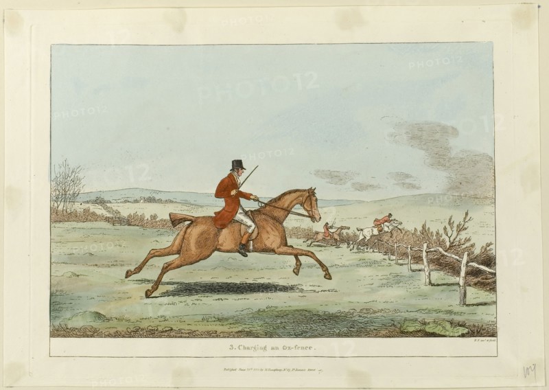 Charging an Ox-fence, plate three from Indispensable Accomplishments, published June 24, 1811, Sir Robert Frankland (English, 1784-1849), published by Hannah Humphrey (English, c. 1745-1818), England, Hand-colored etching on paper, 190 × 270 mm (image), 214 × 294 mm (plate), 230 × 325 mm (sheet)
