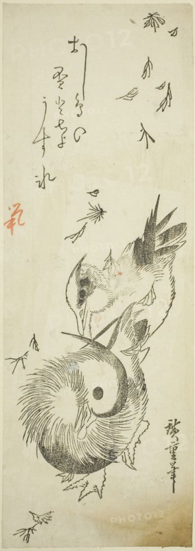 Mandarin ducks crossing icy pond amid falling leaves, 1830s, Utagawa Hiroshige ?? ??, Japanese, 1797-1858, Japan, Woodblock print, chutanzaku, key block impression, 13 3/8 x 4 5/8 in.