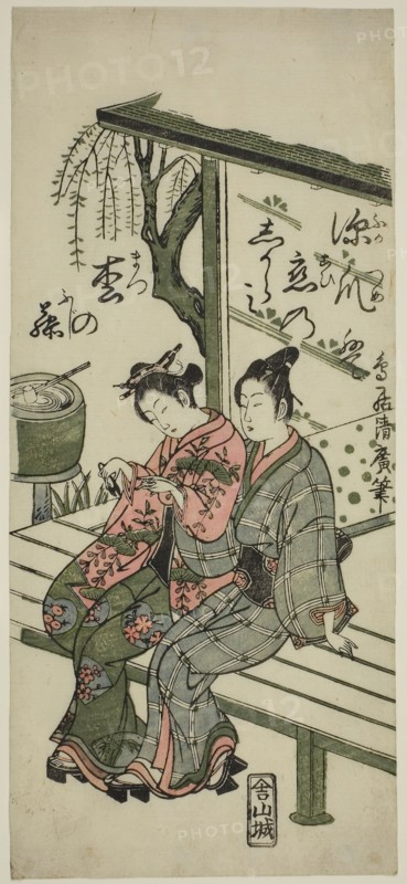 Lovers on a Veranda, c. 1760, Torii Kiyohiro, Japanese, active c. 1737-76, Japan, Color woodblock print, hosoban, benizuri-e, 12 1/4 x 5 1/2 in.