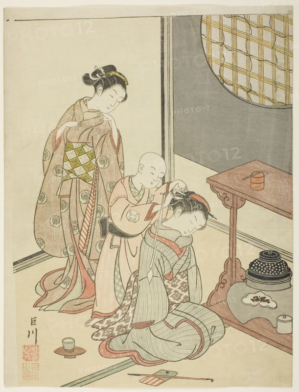 Night Rain of the Tea Stand (Daisu no yau), from the series Eight Views of the Parlor (Zashiki hakkei), c. 1766, Suzuki Harunobu ?? ??, Japanese, 1725 (?)-1770, Japan, Color woodblock print, chuban, 28.4 x 21.6 cm (11 1/4 x 8 1/2 in.)