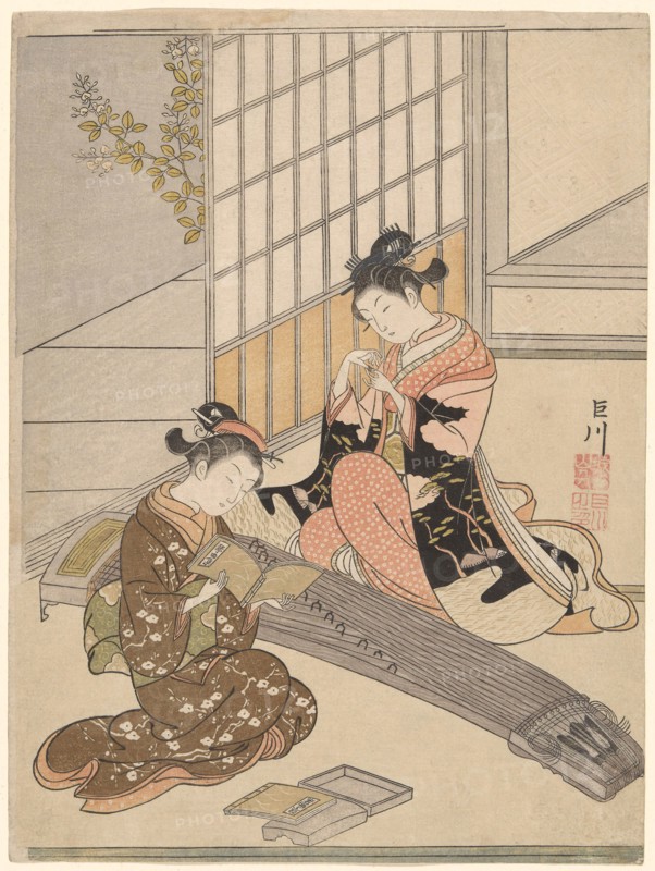Descending Geese of the Koto Bridges (Kotoji no rakugan), from the series Eight Views of the Parlor (Zashiki hakkei), c. 1766, Suzuki Harunobu ?? ??, Japanese, 1725 (?)-1770, Japan, Color woodblock print, chuban, 29.0 x 21.7 cm (11 3/8 x 8 1/2 in.)