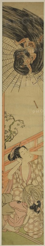 The Smitten Thunder God Delivering a Love Letter to a Courtesan, c. 1767/68, Suzuki Harunobu ?? ??, Japanese, 1725 (?)-1770, Japan, Color woodblock print, hashira-e, 26 5/8 x 4 5/8 in.