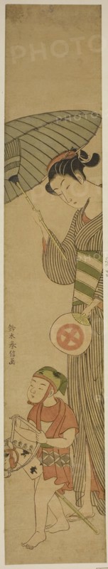Boy on Hobby Horse Followed by Woman Holding Umbrella, c. 1768/69, Suzuki Harunobu ?? ??, Japanese, 1725 (?)-1770, Japan, Color woodblock print, hashira-e, 28 1/4 x 4 1/2 in.