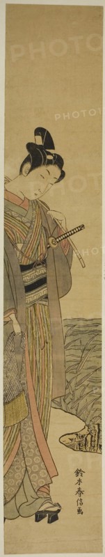 Young Man with Fishing Pole and Net, c. 1769, Suzuki Harunobu ?? ??, Japanese, 1725 (?)-1770, Japan, Color woodblock print, hashira-e, 26 1/2 x 4 5/8 in.