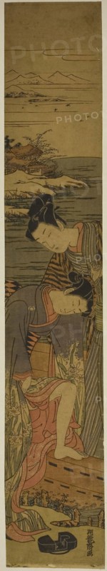 Young Woman Drops her Geta as She Boards a Boat, c. 1773, Isoda Koryusai, Japanese, 1735-1790, Japan, Color woodblock print, hashira-e