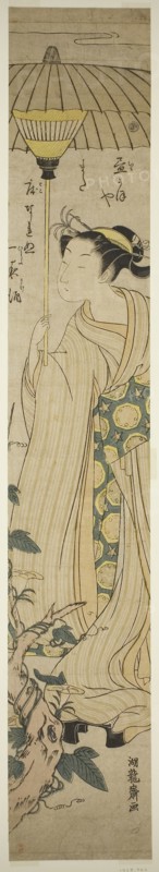 Young Woman Holding Parasol Admires Hirugao (noon-face) Flowers, c. 1772, Isoda Koryusai, Japanese, 1735-1790, Japan, Color woodblock print, hashira-e, 26 7/8 x 4 3/8 in.