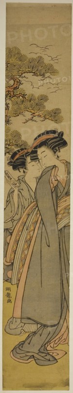 Delivering a Love Letter, c. 1777, Isoda Koryusai, Japanese, 1735-1790, Japan, Color woodblock print, hashira-e, 27 1/8 x 4 1/2 in.