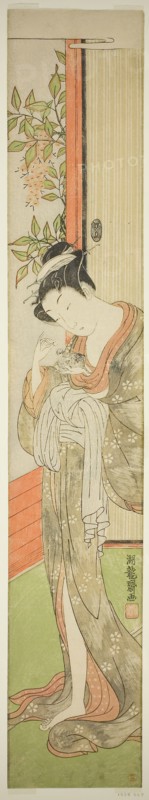 Young Woman Feeding a Rat, c. 1771, Isoda Koryusai, Japanese, 1735-1790, Japan, Color woodblock print, hashira-e
