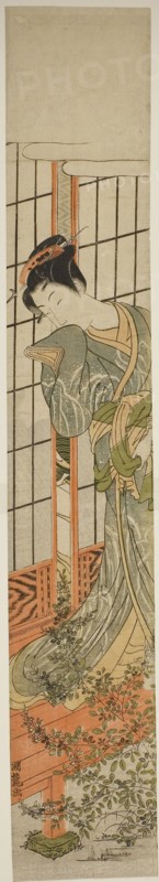 Eavesdropping, c. 1773, Isoda Koryusai, Japanese, 1735-1790, Japan, Color woodblock print, hashira-e, 27 5/8 x 4 5/8 in.