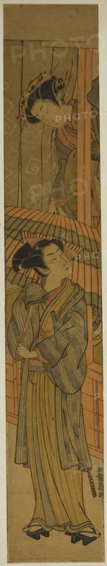Courtesan Pulling a Young Man’s Umbrella (parody of Rashomon), c. 1773, Isoda Koryusai, Japanese, 1735-1790, Japan, Color woodblock print, hashira-e, 26 7/8 x 4 5/8 in.