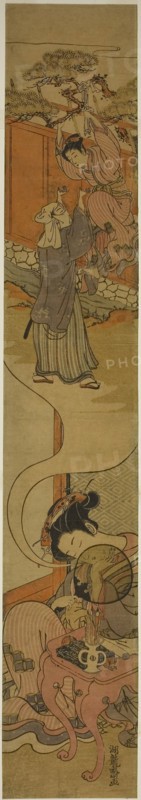 Courtesan Dreaming of Eloping, c. 1775, Isoda Koryusai, Japanese, 1735-1790, Japan, Color woodblock print, hashira-e, 27 1/2 x 4 5/8 in.