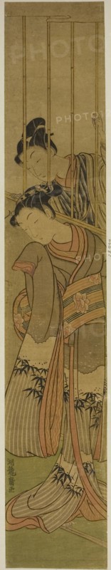 Young Man Admiring a Girl through a Barred Window, c. 1770, Isoda Koryusai, Japanese, 1735-1790, Japan, Color woodblock print, hashira-e, 26 1/2 x 4 5/8 in.
