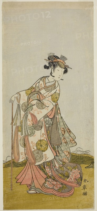 The Actor Nakamura Noshio I as Princess Usuyuki (Usuyuki Hime) in the play Shin Usuyuki Monogatari, performed at the Morita Theater in the fifth month, 1774, c. 1774, Katsukawa Shunsho ?? ??, Japanese, 1726-1792, Japan, Color woodblock print, hosoban, left sheet of diptych (?), 33 x 14.6 cm (13 x 5 3/4 in.)