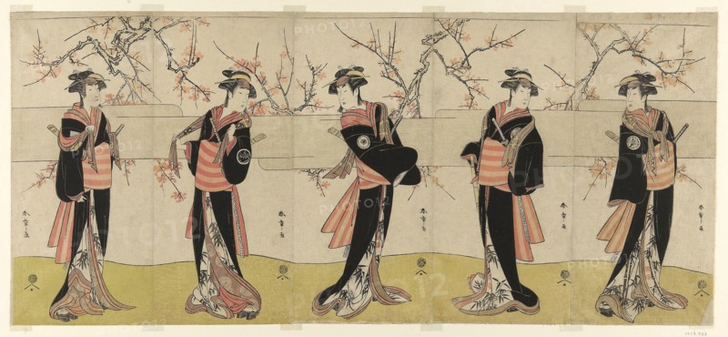 The Actors Segawa Kikunojo III as Karigane Obun, Nakayama Tomisaburo I as An no Oyasu, Iwai Kiyotaro II as Kaminari no Osha, Nakayama Tatezo I as Gokuin no Osen, and Ichikawa Monnosuke II as Hotei no Oichi (right to left), in Gonin Onna, Scene One of the Play Waka Murasaki Edokko Soga, Performed at the Ichimura Theater in the Second Month, 1792, c. 1792, Katsukawa Shunsho ?? ??, Japanese, 1726-1792, Japan, Color woodblock print, hosoban, pentaptych, Each sheet: 32.3 x 14.6 cm (12 11/16 x 5 3/4 in.)