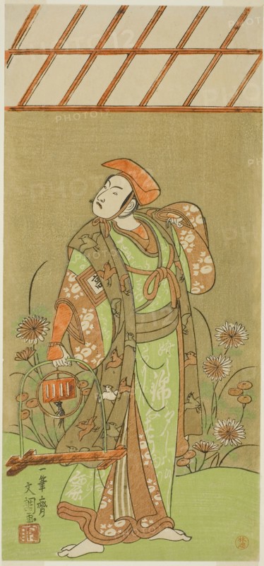 The Actor Ichikawa Komazo II as Soga no Juro Sukenari Disguised as a Fox Trapper in the Play Kagami-ga-ike Omokage Soga, Performed at the Nakamura Theater in the First Month, 1770, c. 1770, Ippitsusai Buncho, Japanese, active c. 1755-90, Japan, Color woodblock print, hosoban, right sheet of diptych, 31 x 14.4 cm (12 3/16 x 5 11/16 in.)
