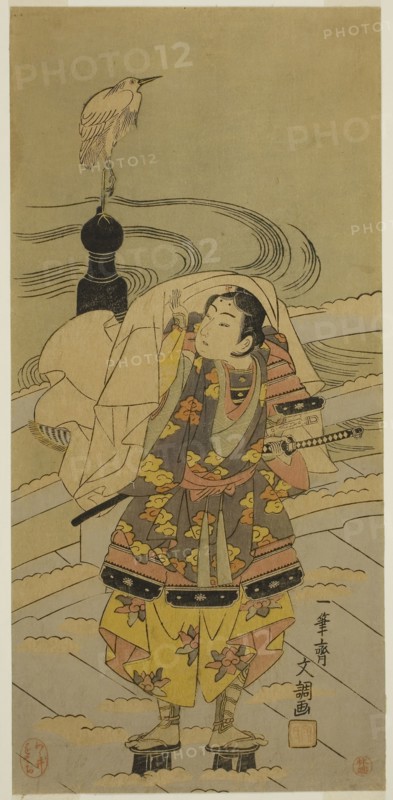 Ushiwaka-maru on the Gojo Bridge, reprint of c. 1769 design, Ippitsusai Buncho, Japanese, active c. 1755-90, Japan, Color woodblock print, hosoban, 30 x 14.2 cm (11 13/16 x 5 9/16 in.)