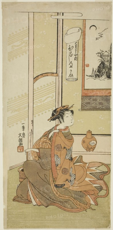 Hinaji of the Chojiya, from the series Fuji-bumi (Folded Love-letters), c. 1769/70, Ippitsusai Buncho, Japanese, active c. 1755-90, Japan, Color woodblock print, hosoban, 32.5 x 15 cm (12 13/16 x 5 7/8 in.)