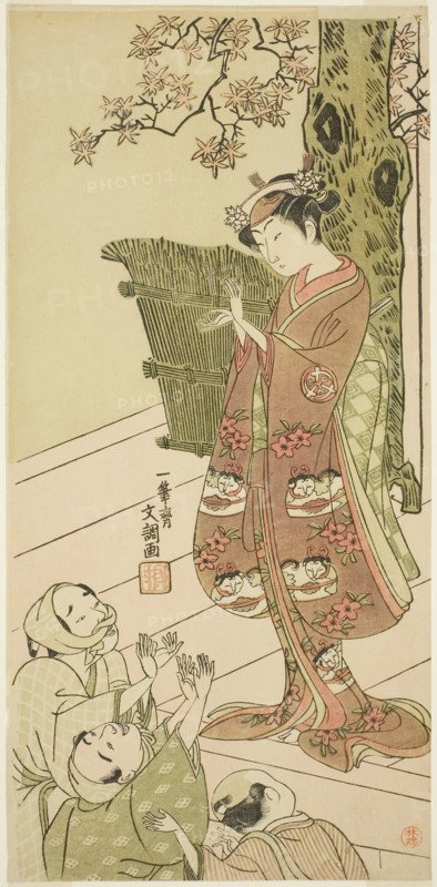 The Actor Arashi Hinaji I, Possibly as Yuya Gozen in the Play Ima o Sakari Suehiro Genji (The Genji Clan Now at Its Zenith), Performed at the Nakamura Theater from the First Day of the Eleventh Month, 1768, c. 1768, Ippitsusai Buncho, Japanese, active c. 1755-90, Japan, Color woodblock print, hosoban, 31.2 x 15 cm (12 5/16 x 5 7/8 in.)