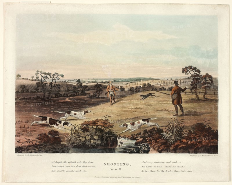 Shooting: Verse 2, 1819, Thomas Sutherland (English, active c. 1785-1827), after Dean Wolstenholme (English, 1798-1882), published by Rudolph Ackermann (English, born Germany, 1764-1834), England, Hand-colored aquatint and etching on ivory wove paper, 170 × 250 mm (image), 222 × 277 mm (sheet)