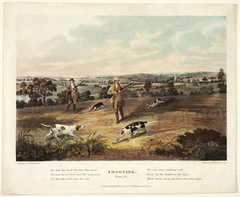 Shooting: Verse 3, 1819, Thomas Sutherland (English, active c. 1785-1827), after Dean Wolstenholme (English, 1798-1882), published by Rudolph Ackermann (English, born Germany, 1764-1834), England, Hand-colored aquatint and etching on ivory wove paper, 175 × 250 mm (image), 228 × 275 mm (sheet)