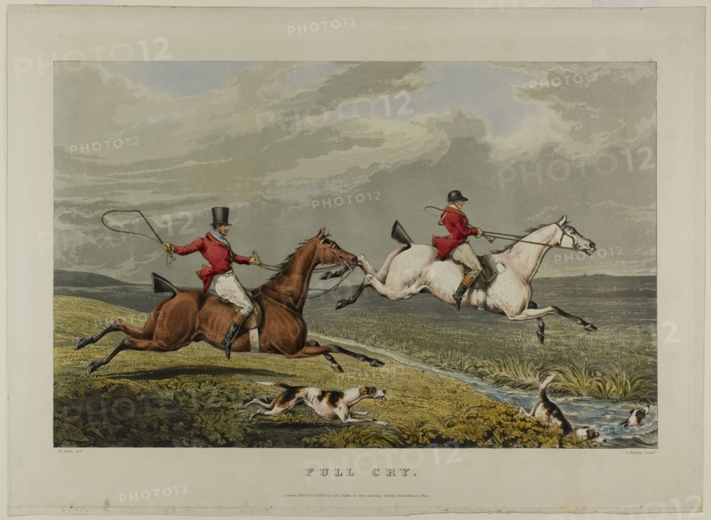 Full Cry, from Fox Hunting, 1828, Charles Bentley (English, 1806-1854), after Henry Alken (English, 1785-1851), England, Color aquatint on paper, 270 × 418 mm (image), 340 × 465 mm (plate), 360 × 490 mm (sheet)