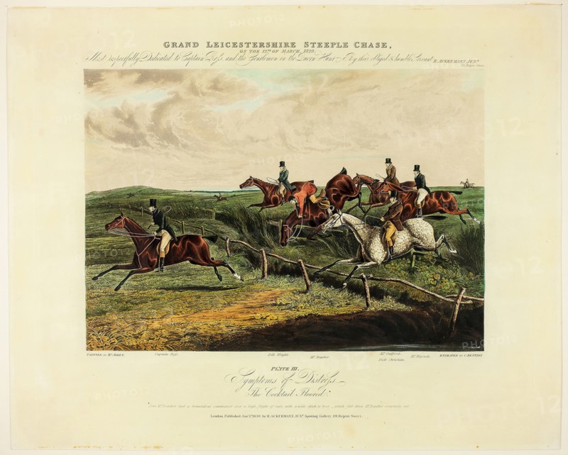 Symptoms of Distress, from The Grand Steeplechase Over Leicestershire, published 1830, Charles Bentley (English, 1806-1854), after Henry Alken (English, 1785-1851), published by R.A. Ackermann (English, 1764-1834), England, Color aquatint on paper, 255 × 365 mm (image), 360 × 450 mm (plate), 405 × 500 mm (sheet)