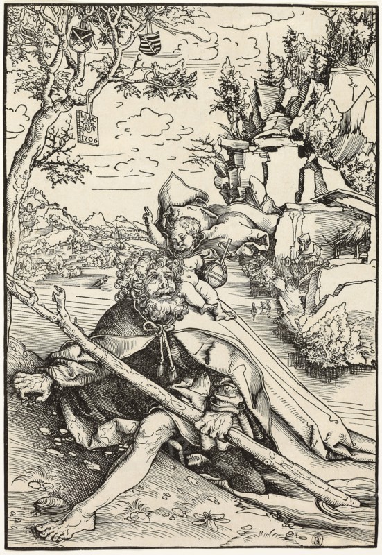 Saint Christopher, 1506, published 1509, Lucas Cranach the Elder, German, 1472-1553, Germany, Woodcut in black on ivory laid paper, 281 × 192 mm (image/block/sheet)