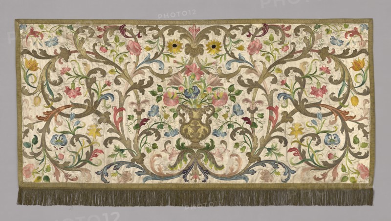 Altar Frontal, 19th century, Italy, Silk, satin weave over linen, plain weave, lined with silk in plain weave, moiré, braid in gilt over silk and yellow silk (gold fringe, twisted threads, gilt over core), embroidered in silk floss, silver and gilt over silk core with satin, (flat), long and short, stem (outline) stitches, couching and some underside couching, 108.3 x 207.6 cm (42 5/8 x 81 3/4 in.)