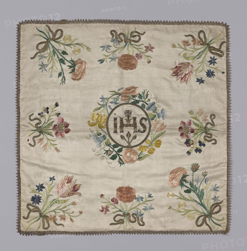 Chalice Cover, 19th century, Spain, Silk, warp-faced plain weave, embroidered in silk floss, metal strip wrapped on silk core, metal strip, two-ply metal threads twisted, laid work, couched, couching, stem, outline. bobbin made lace in metal thread, 69.2 × 68.6 cm (27 1/2 × 27 in.)