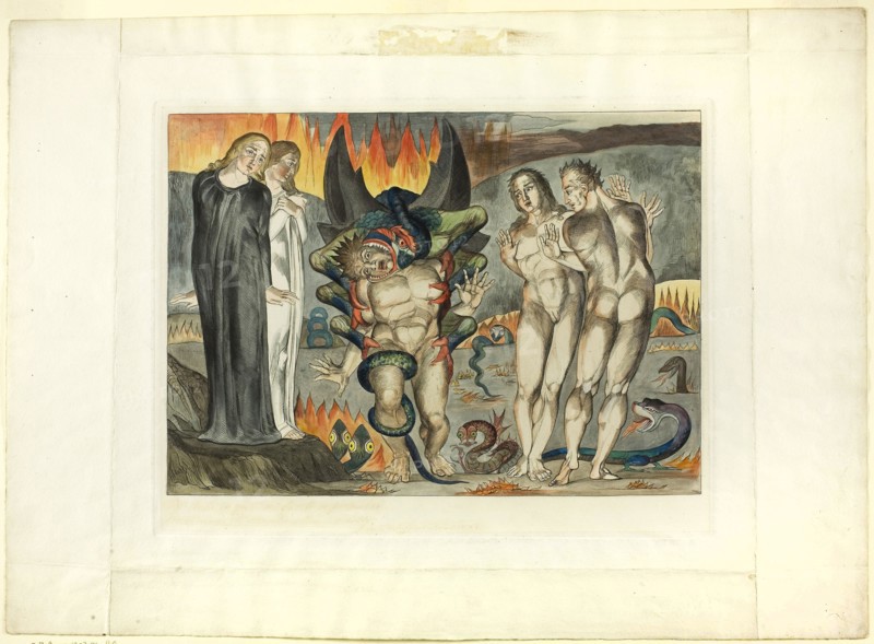 The Circle of the Thieves, Agnolo Brunelleschi Attacked by a Six-Footed Serpent. Inferno, canto XXV, 1827, printed c. 1892, William Blake, English, 1757-1827, England, Hand-colored engraving on India paper, laid down on wove paper (chine collé), 242 × 348 mm (image), 277 × 379 mm (plate), 395 × 546 mm (sheet)