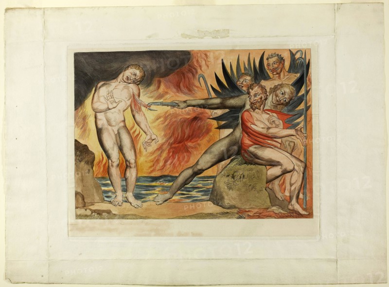 The Circle of the Corrupt Officials, the Devils Tormenting Ciampolo. Inferno, canto XXII, 1827, printed c. 1892, William Blake, English, 1757-1827, England, Hand-colored engraving on India paper, laid down on wove paper (chine collé), 237 × 335 mm (image), 276 × 356 mm (plate), 392 × 539 mm (sheet)