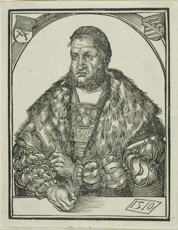 Elector Frederick III of Saxony, from Speculum intellectuale felicitatis humane, 1510, Wolf Traut (German, c.1486-1520), after Lucas Cranach the Elder (German, 1472-1553), published by Hieronymus Höltzel (German, active c. 1502-1525), Germany, Woodcut in black on ivory laid paper, 127 × 96 mm (image/block)