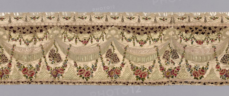 Valance, 19th century, France, Silk, warp-float faced satin weave, painted appliquéd with linen, gauze weave, embroidered with silk chenilled and yarns in darning stitches, chain, and satin stitches, French knots, 31.1 × 285 cm (12 1/4 × 112 1/2 in.)