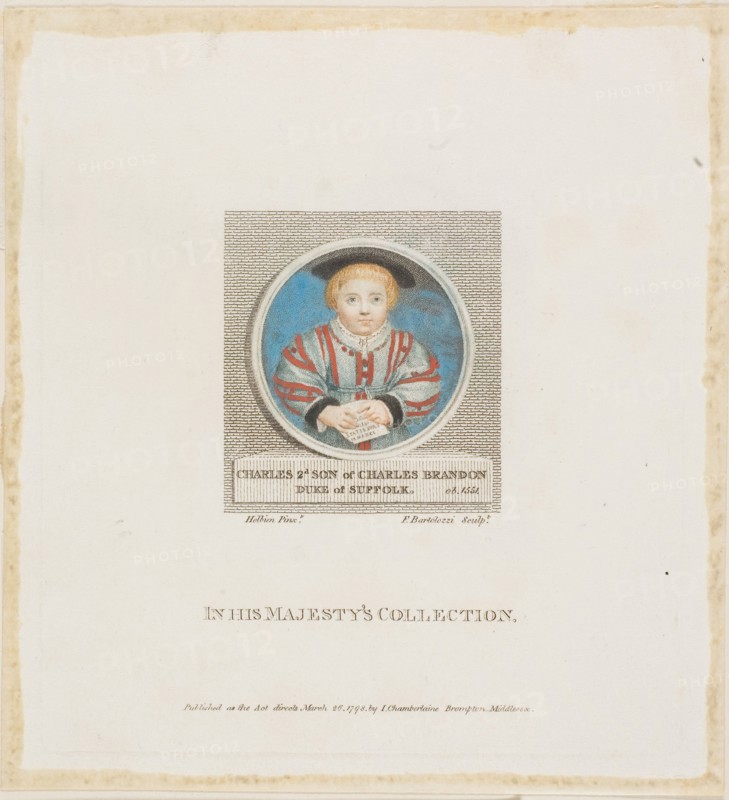Charles Brandon, 1798, Francesco Bartolozzi (Italian, 1727-1815), after Hans Holbein the younger (German, 1497-1543), Italy, Color stipple engraving on paper, 72 × 66 mm (image), 188 × 173 mm (sheet)