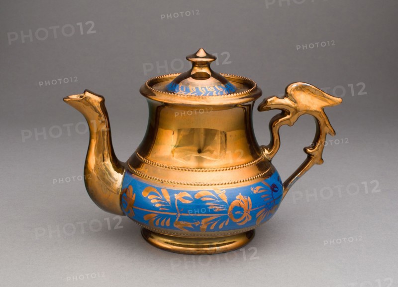 Teapot, c. 1820, England, Staffordshire, Staffordshire, Earthenware with copper lustre and blue relief decoration, 11.4 × 18.7 × 13.3 cm (4 1/2 × 7 3/8 × 5 1/4 in.)