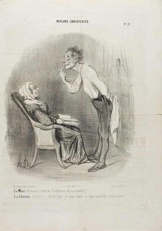 Husband: My dear, how about a first kiss on my chin? The wife (aside): To think that I am married to this face!, plate 21 from Moeurs Conjugalesa, published March 29, 1840, Honoré Victorin Daumier, French, 1808-1879, France, Lithograph in black on cream wove paper, with text added in another hand and letterpress verso, 235 × 211 mm (image), 364 × 255 mm (sheet)